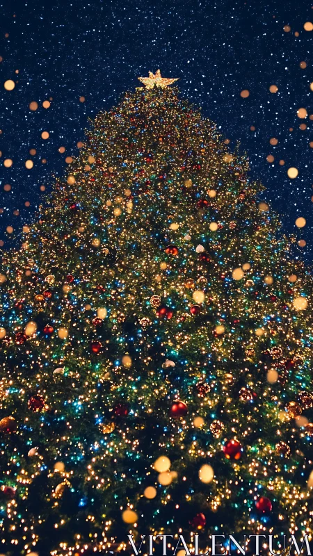 Giant outdoor Christmas tree lit with dense festive lights.