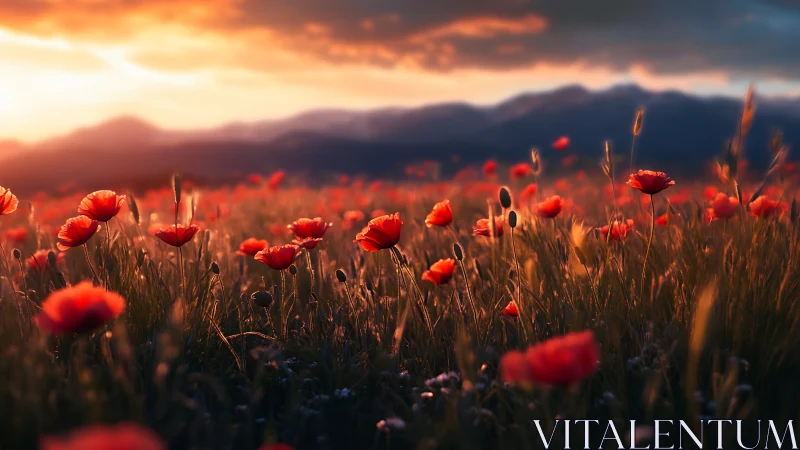 Sunlit poppy field extends toward distant mountain ridge
