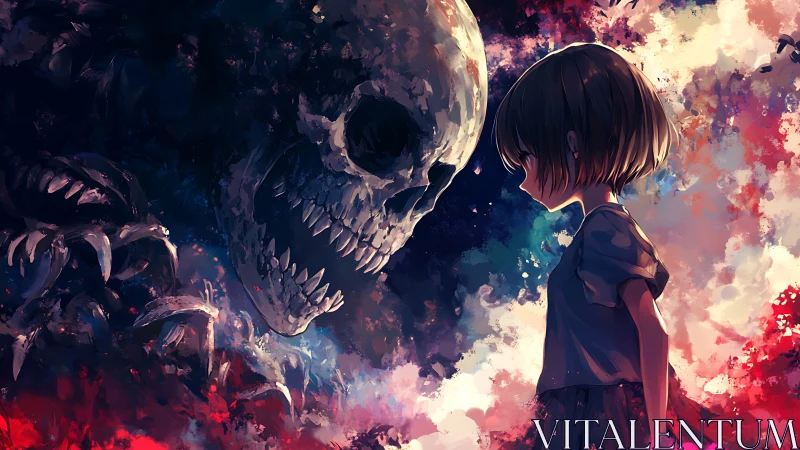 Staring down the void, child confronting colossal skull spirit.