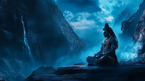 Meditating blue deity silhouette in misty highland gorge