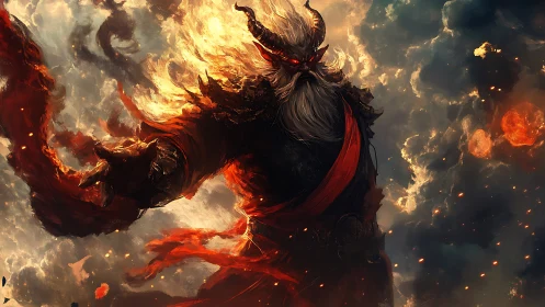 Horned humanoid figure stands amid fire and dense smoke