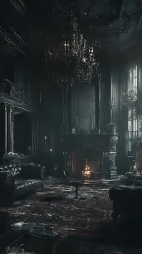 Gothic mansion parlor glows with dim firelit decadence.