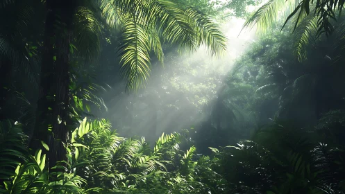 Tropical forest canopy with sunlight filtering through palm fronds