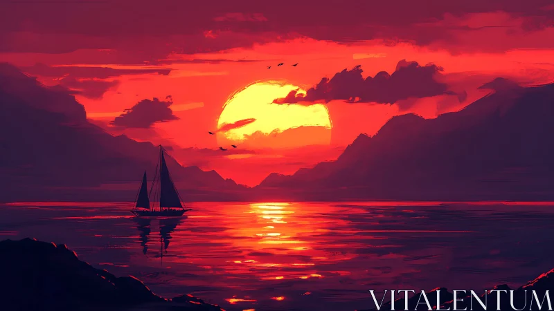 Crimson waves escort a lone sailboat toward molten sunset