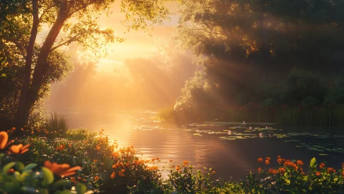 Golden sunrise light bathes tranquil forest pond surface