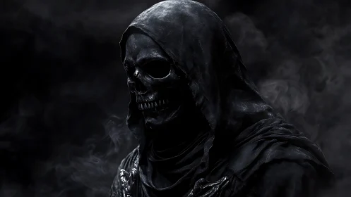 Hooded skeletal figure in dark environment with smoke present.
