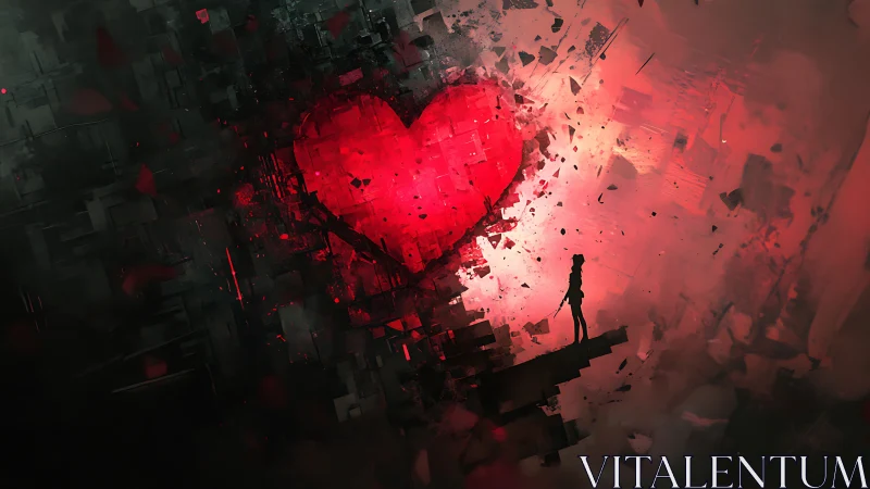 Solitary Figure Gazing at Radiant Heart in Shattered World.