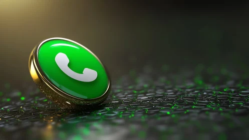 Glossy green call icon on metallic textured digital surface.