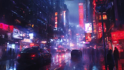 Neon rainstorm over crowded cyberpunk night avenue.