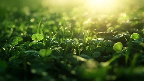 Green clover foliage under low sunlight with shallow focus.