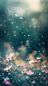 Ethereal Flower Field With Bokeh Lights and Sparkles.