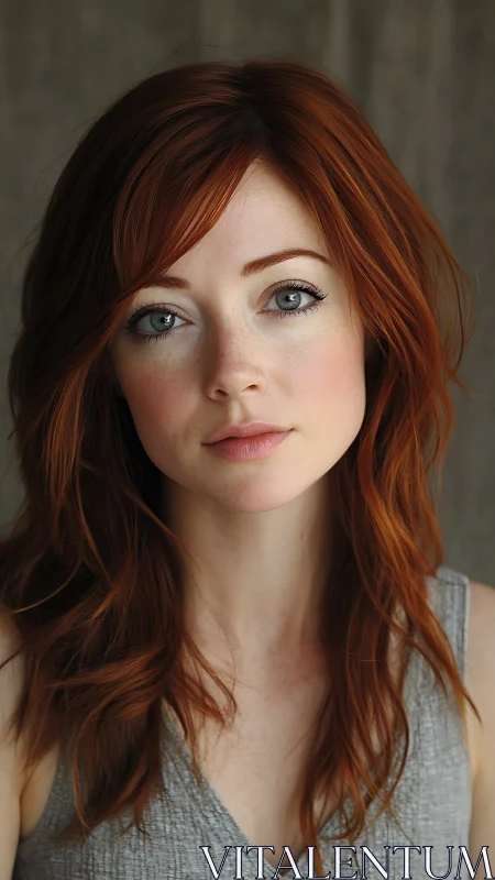 Ginger waves frame a quiet gaze that almost speaks aloud