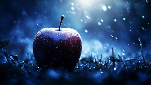Backlit dewy apple under dynamic rain with shallow depth of field