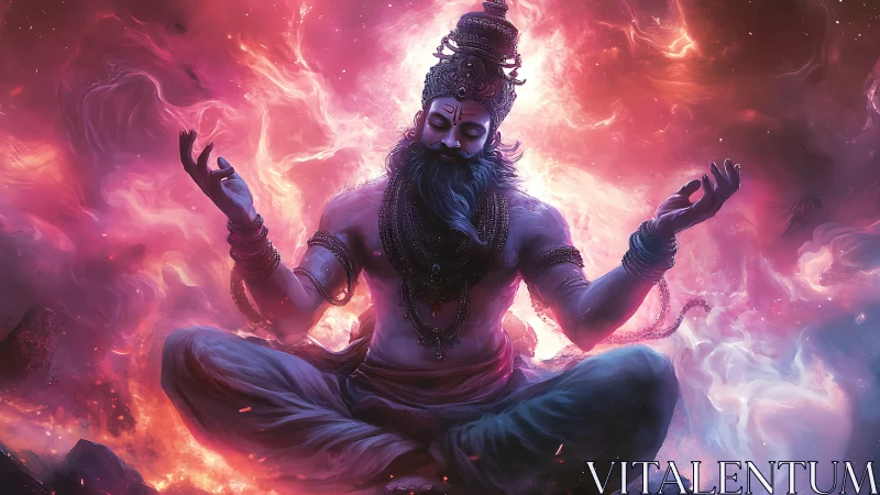 Cosmic yogi meditates within swirling astral firestorm.
