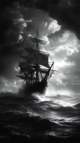 Monochrome tall ship under volumetric storm lighting at sea.