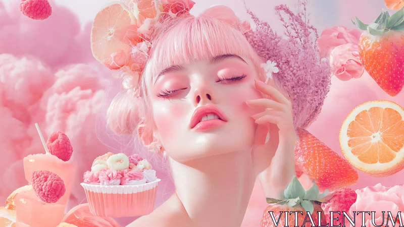 Pastel candy muse amid floating fruit and dreamlike sweets.