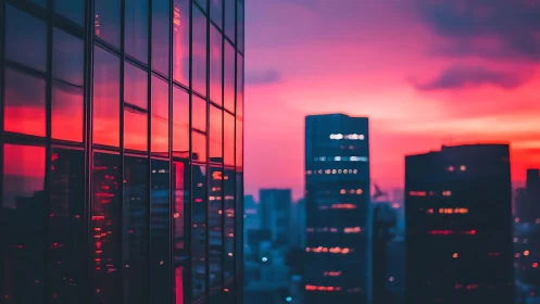 Neon dusk skyline mirrored in glassy city windows.
