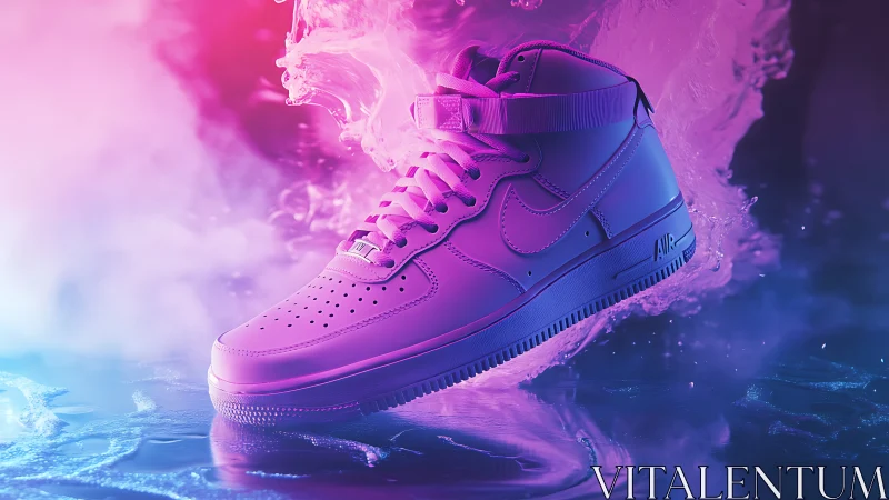 Neon purple sneaker floating in vivid smoke and light.