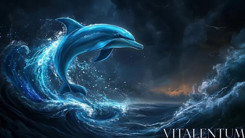 Luminous dolphin arcs above stormy bioluminescent ocean waves