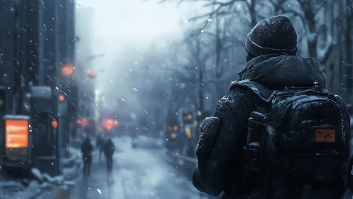 Solitary traveler crossing cold urban street in snowfall.