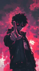 Cool anime rebel pointing ahead in a dramatic pink sky.