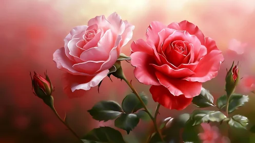 Pink and red roses with foliage against soft gradient background.