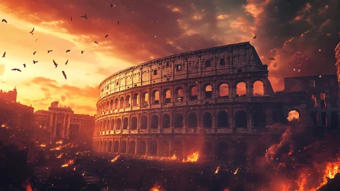 Flames lick the Roman Colosseum under an apocalyptic sky