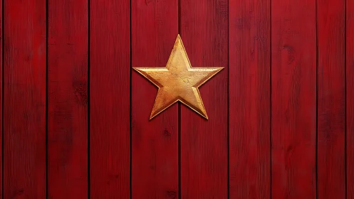 Golden textured star centered on vertical red planks.