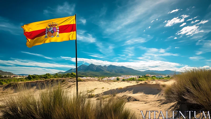 Spanish Flag Planted on Coastal Sand Dunes with Mountain Vista.