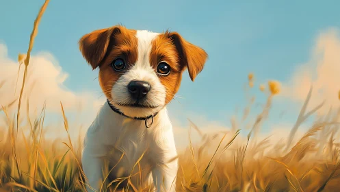 Brown and white puppy standing in tall golden grass field.