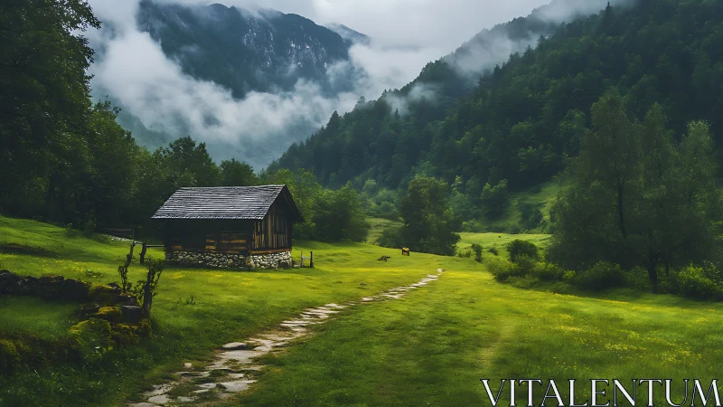 Photorealistic alpine meadow cabin with misted forest valley.