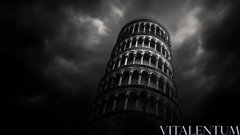 Leaning marble tower under dramatic storm-dark sky.