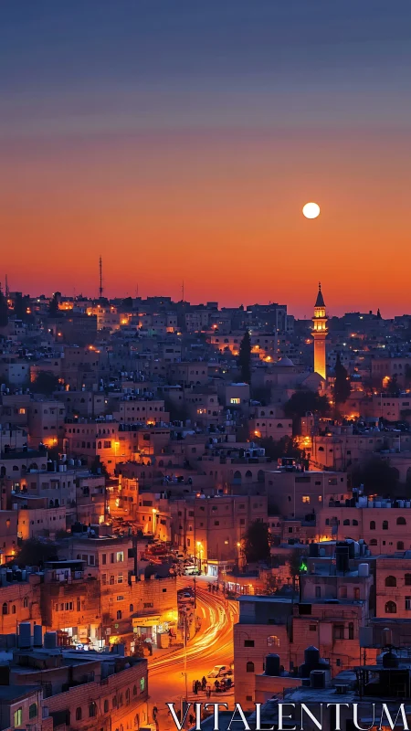 Twilight hillside cityscape with minaret, traffic light trails, moon