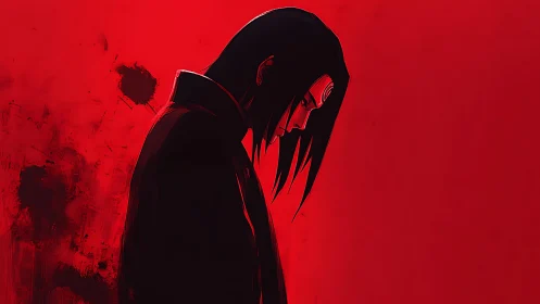 Solitary anime figure silhouetted against burning crimson sky.