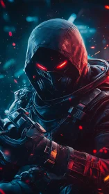 Cybernetic hooded operative with emissive red optics poised.