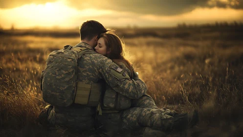 Military Personnel Embrace in Golden Hour Landscape Photograph