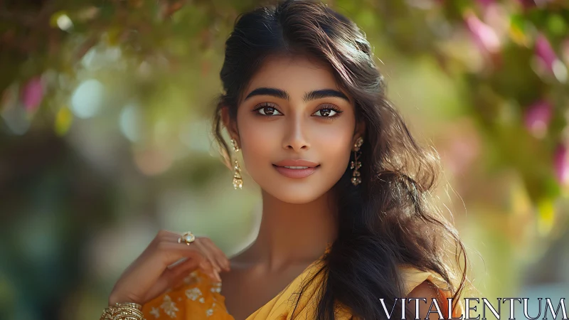 Portrait of woman in yellow sari under soft outdoor light.