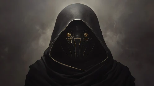 Hooded mechanical figure with masked face in dim atmosphere.