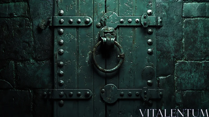 Heavily riveted metal door with ring handle in stone wall.