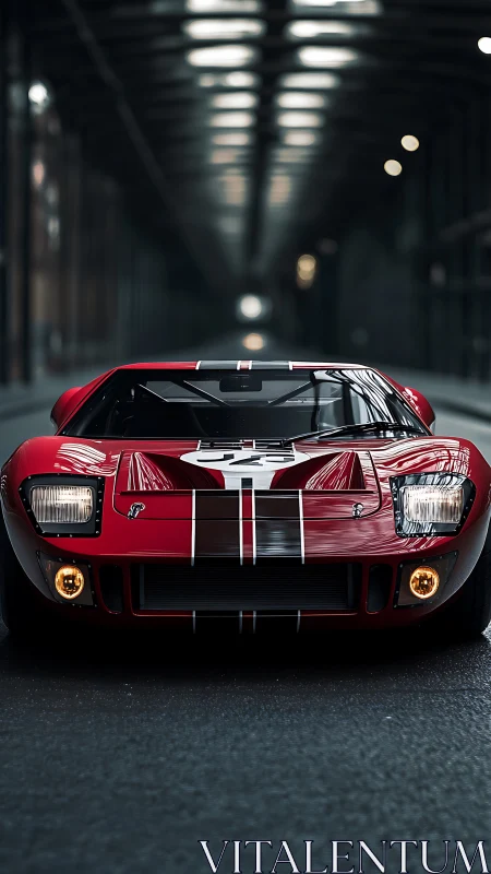 Red vintage race car under industrial tunnel lights.