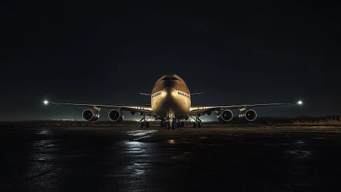 Wide-body jet airliner is parked on an unlit night runway