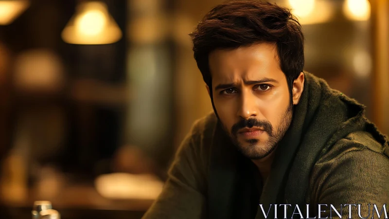 Brooding man in warm caf&eacute; interior, cinematic close portrait.