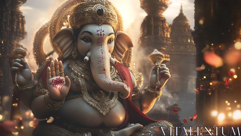 Ganesha glows in temple dusk, cradling blessings and light