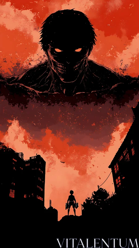 Silhouetted soldier confronts colossal entity in red-stained sky