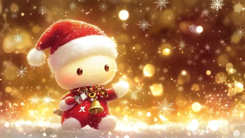 Kawaii Christmas mascot in glowing bokeh snowfield.