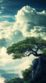 Solitary windswept tree crowns a cliff against towering cumulus