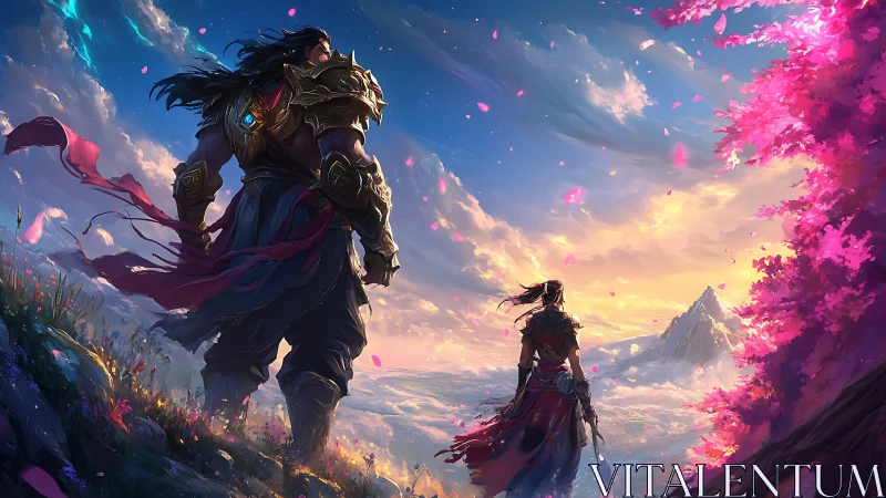 Armored warriors survey luminous cloud valley under chromatic sky