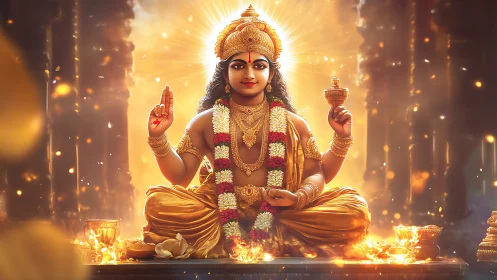 Golden goddess of serenity crowned in temple firelight.