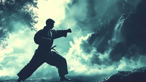 Martial artist practices kata before misty waterfall at dawn.