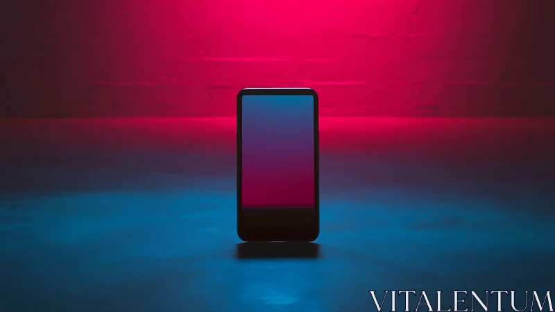 Smartphone stands in neon pink and blue studio light glow.